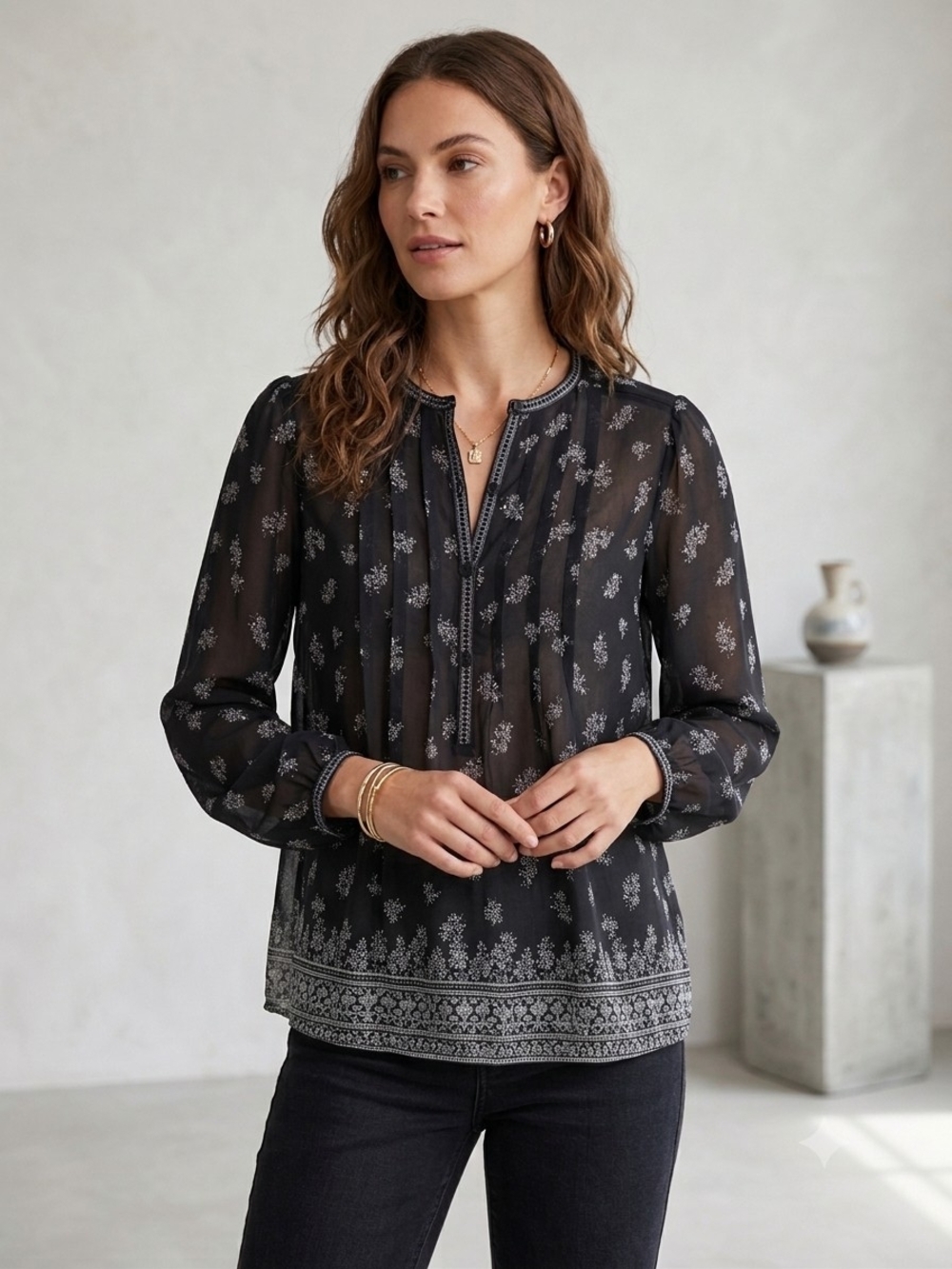 Max Studio Black Sheer Butterfly Print Floral-Print Peasant Blouse